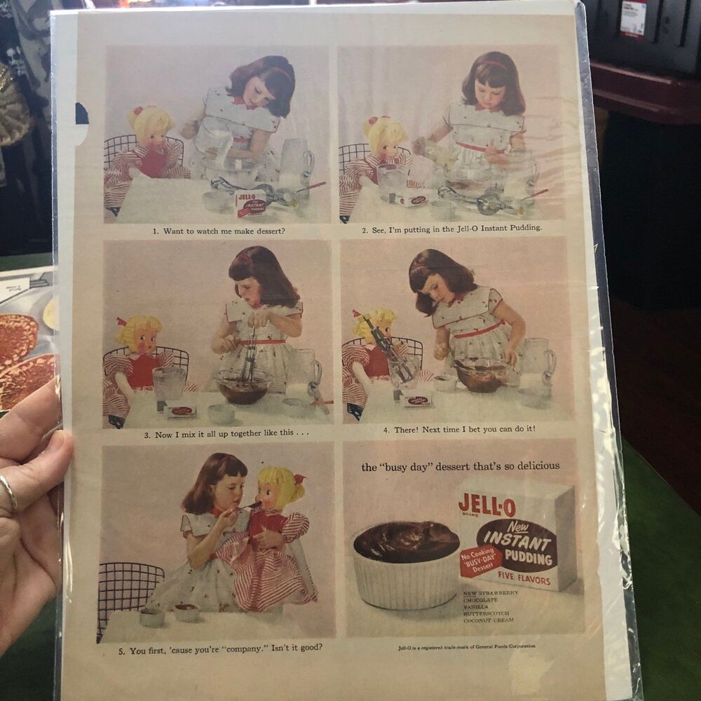 Vintage 1950s Instant Jello Pudding Ad on Side 1 & Cadillac Ad on side 2; Girl